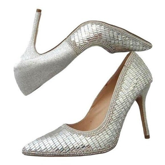 De Blossum Collection Stunning Unique Silver Mirror Mosaic High Heel Pumps Sz 10