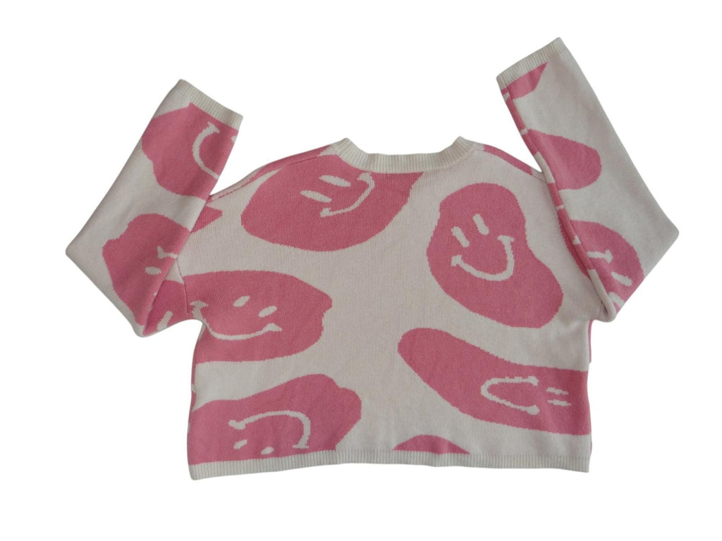 Moon & Madison Cropped Sweater - Pink Smiley Print, Size S