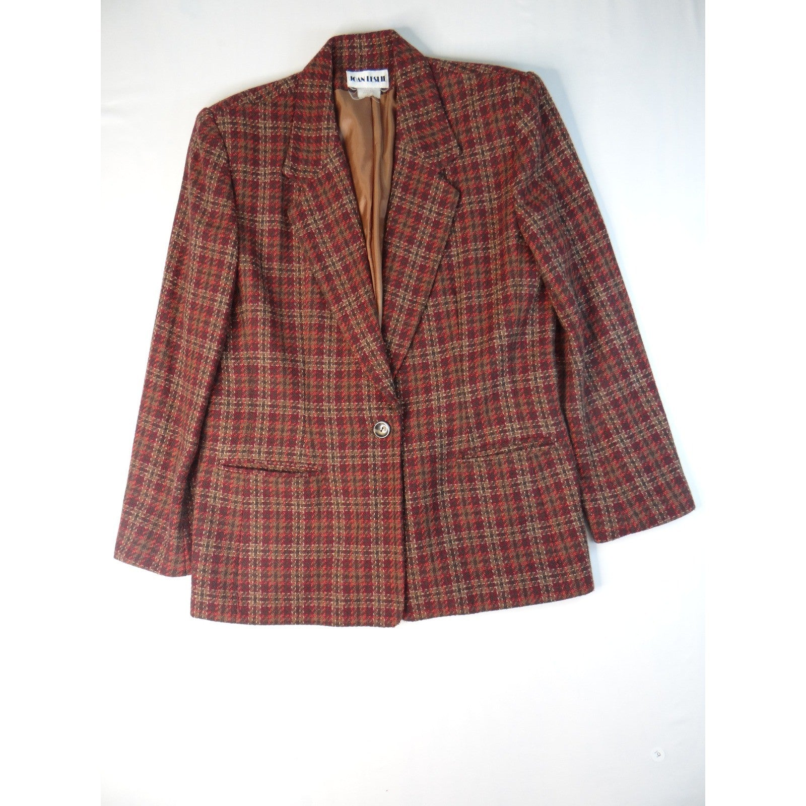 Vintage Joan Leslie Women's Plaid Blazer Jacket Sz14 Red Brown Gold Tweed Lined