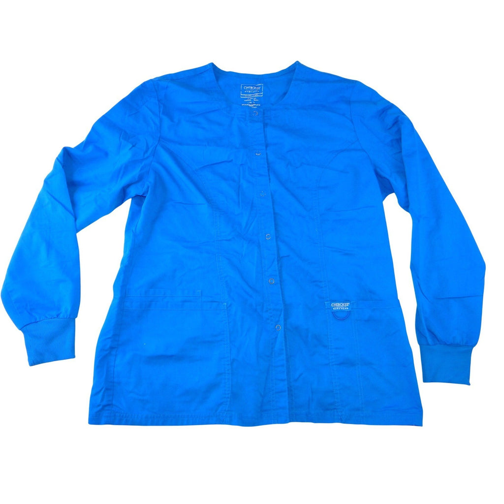 Cherokee Workwear Womens Royal Blue Snap Front Scrub Jacket Size Large