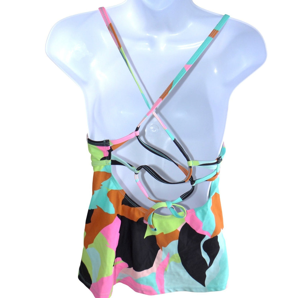 Hula Honey Womens Abstract Print Lace Up Strappy Back Tankini Top Multicolor L