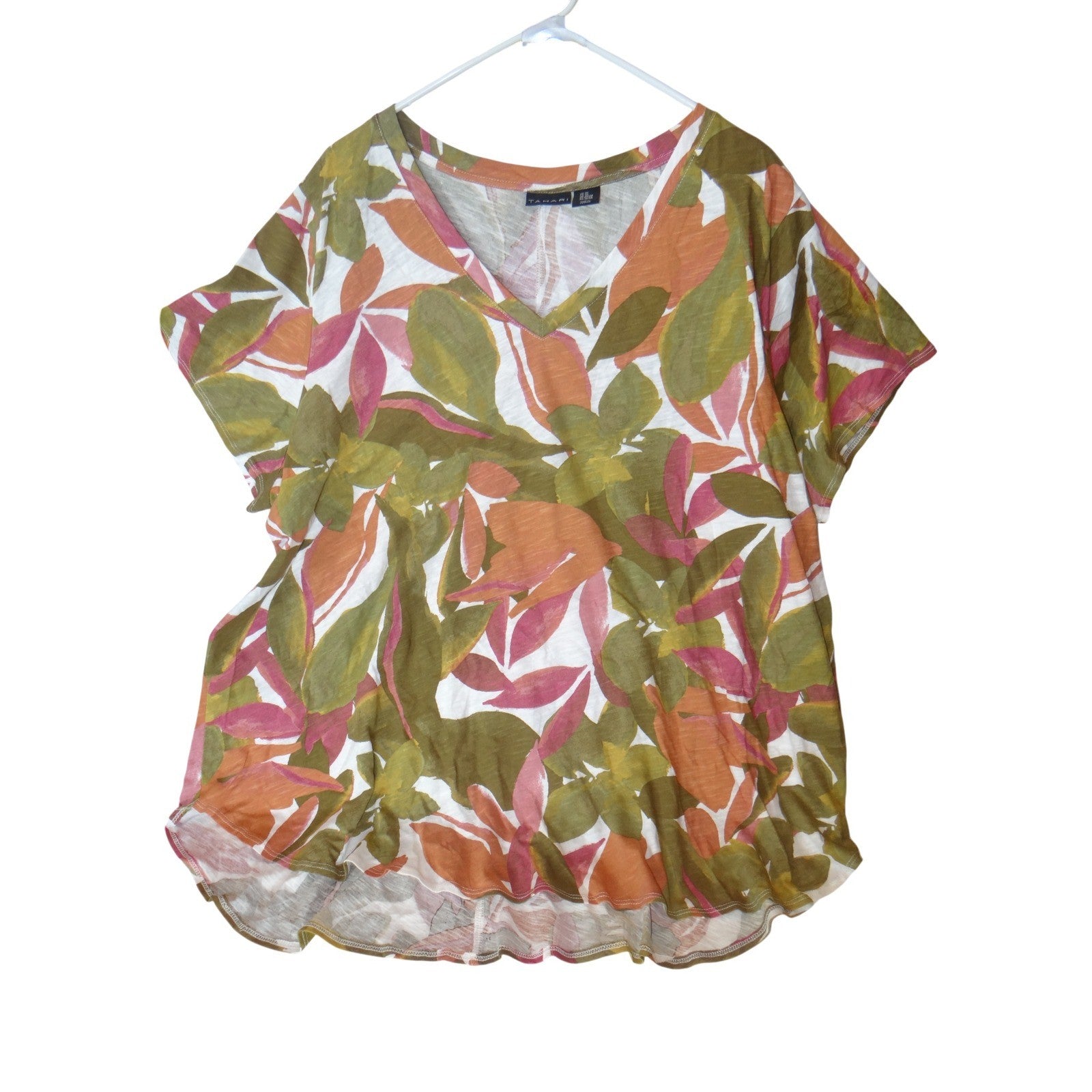 Tahari Womens 3X V Neck Short Sleeve Leaf Print Top Orange Green Pink