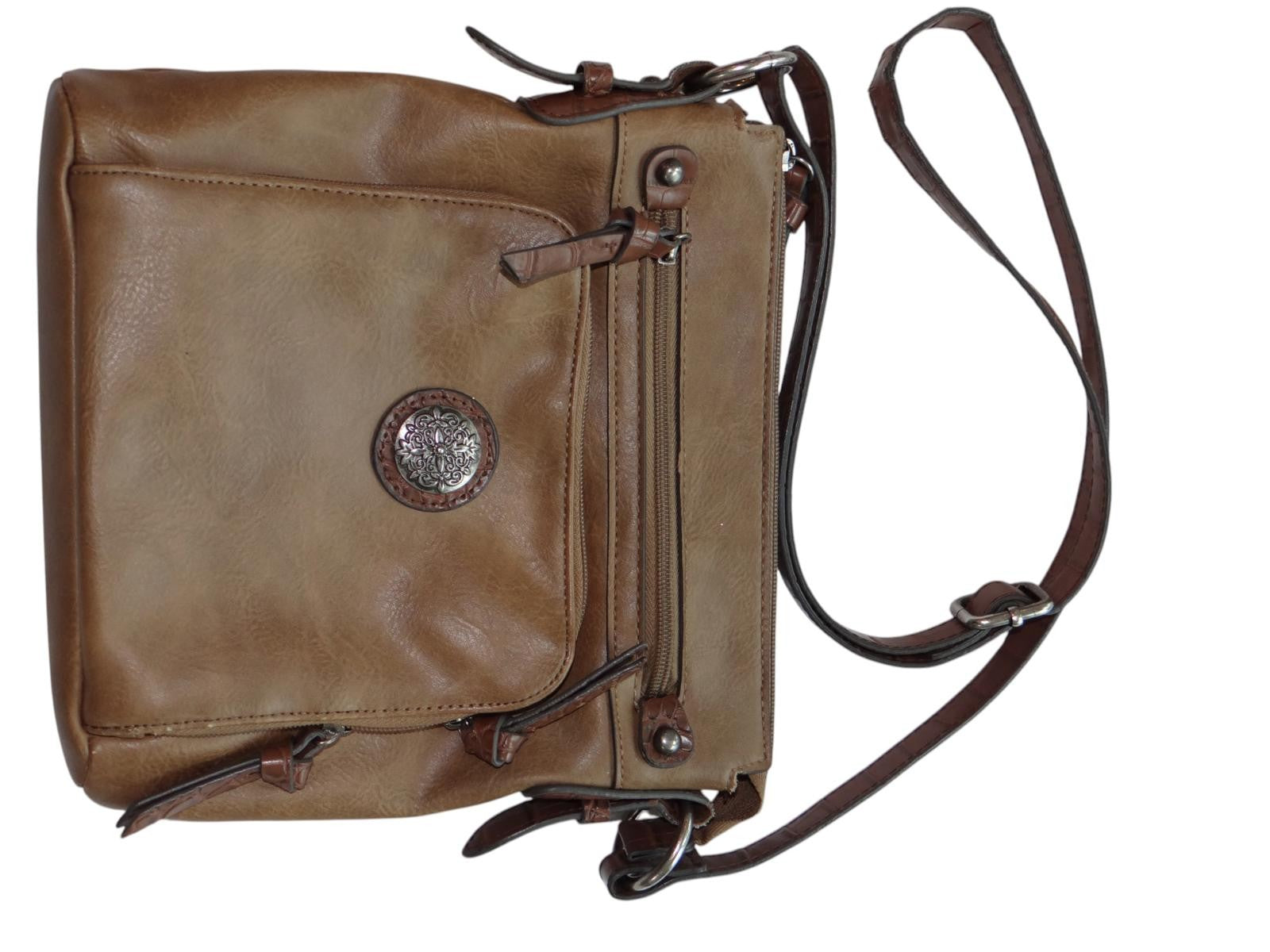 Brown Leather Women's Crossbody Bag with Multiple Zippered Compartments