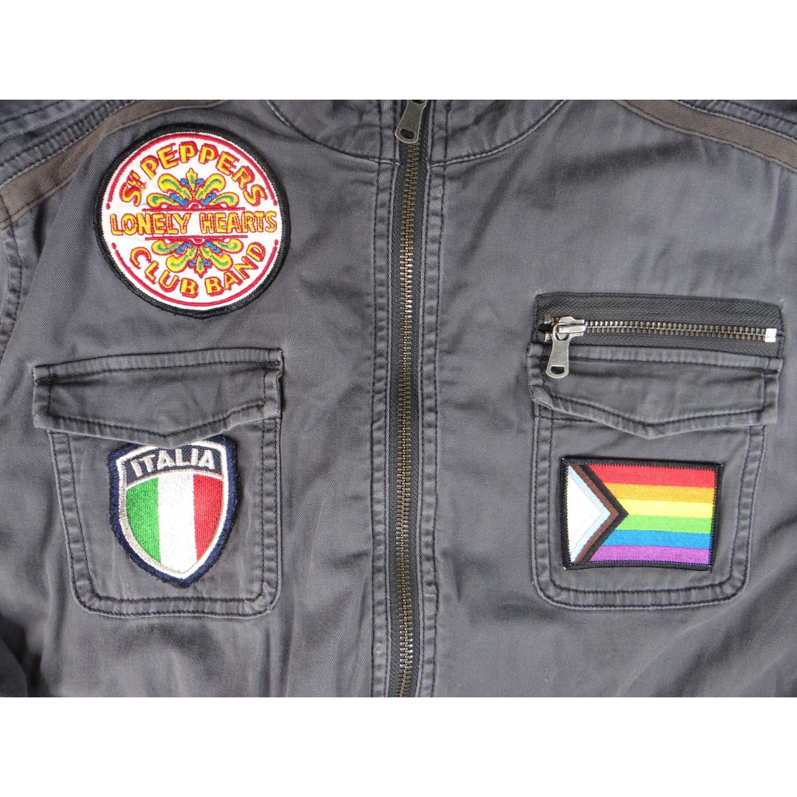 Express Gray Utility Jacket Women's Size L Patches Military Style