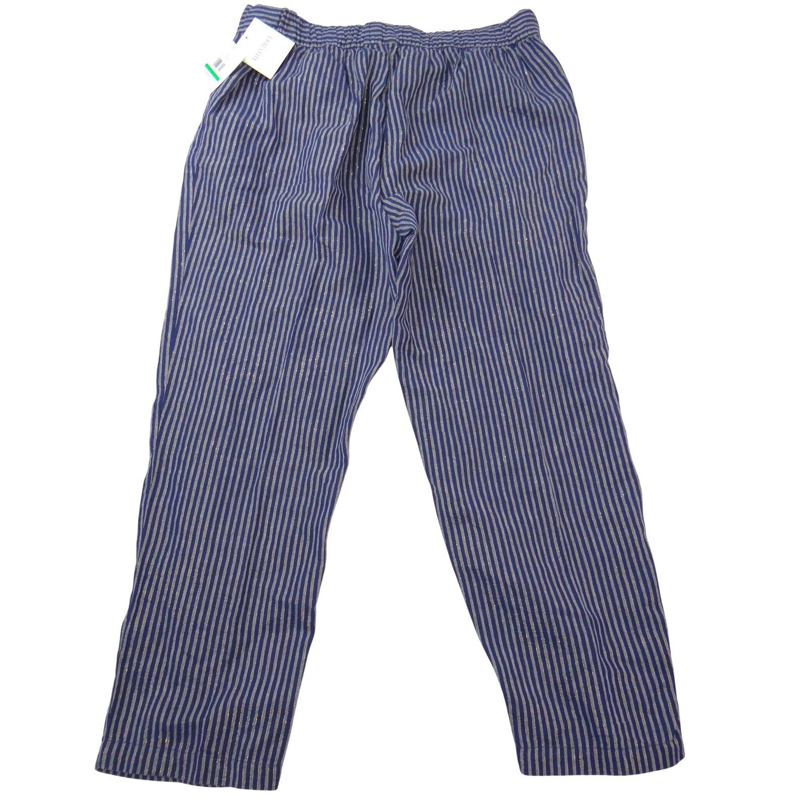 NWT-Ellen Tracy Linen Striped Drawstring Pants Navy Gold Metallic Joggers L