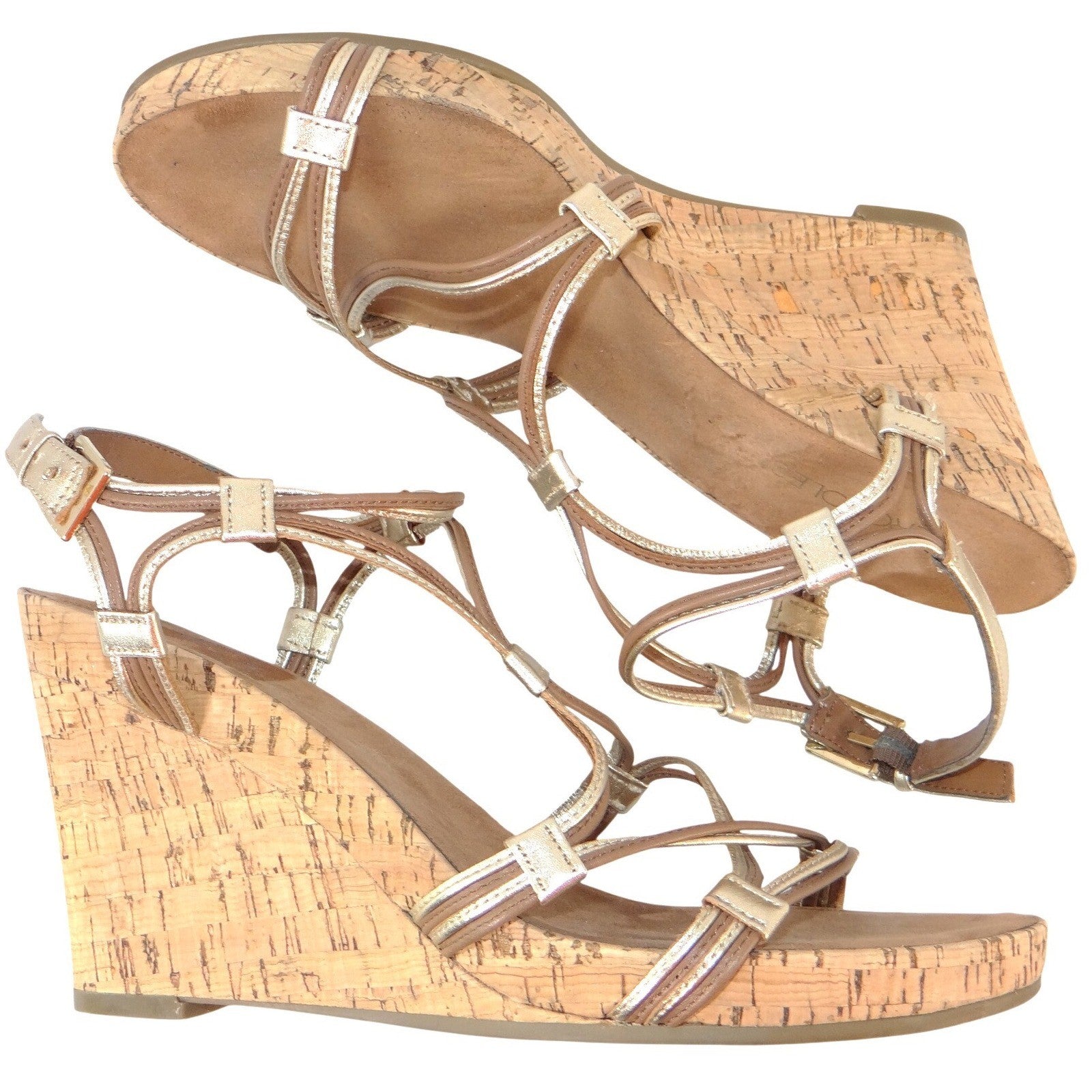 Aerosoles Womens Gold Metallic Strappy Cork Wedge Sandals Size 11