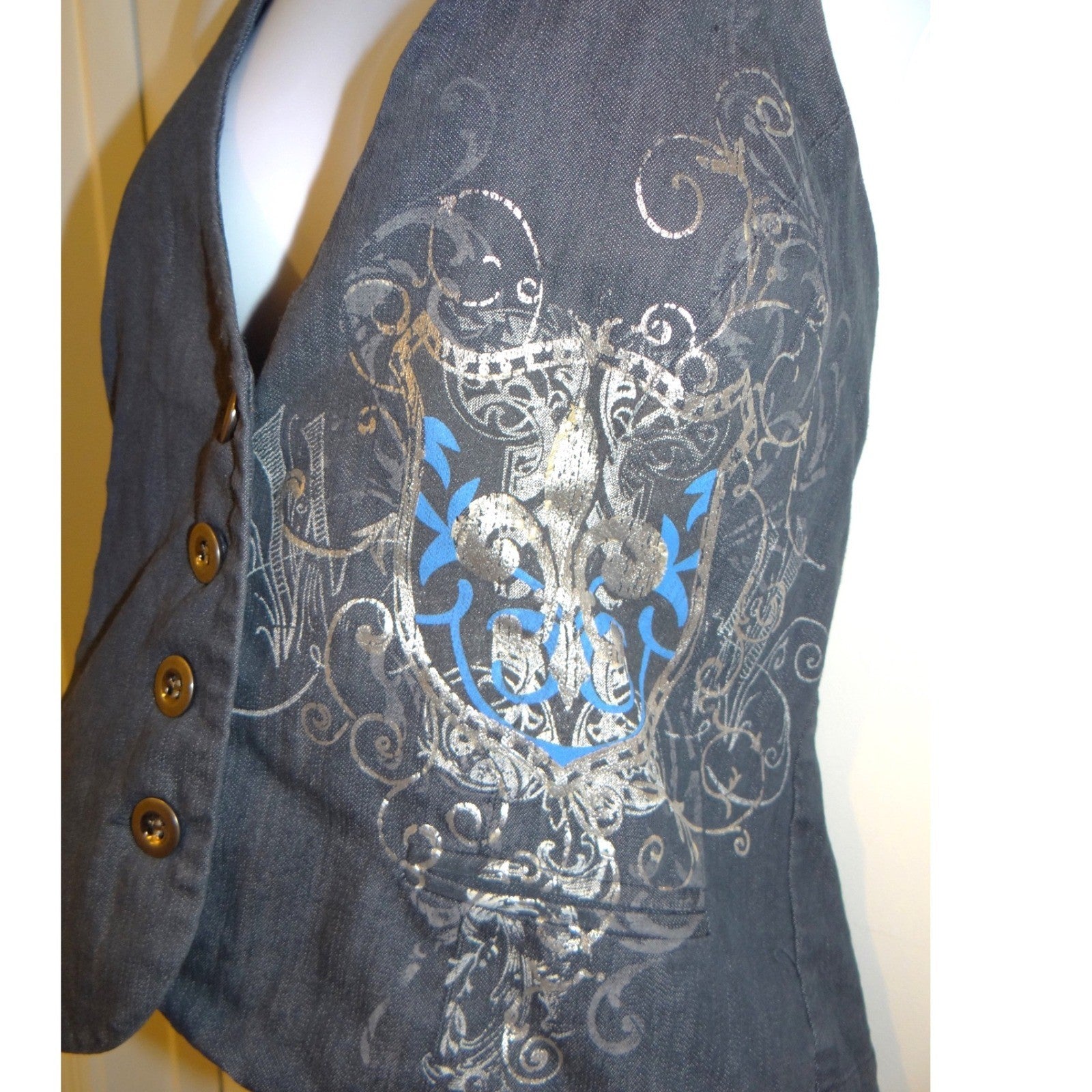 Y2k Womens Dark Wash Denim Halter Vest Fleur-de-lis Graphic Button Up Blue