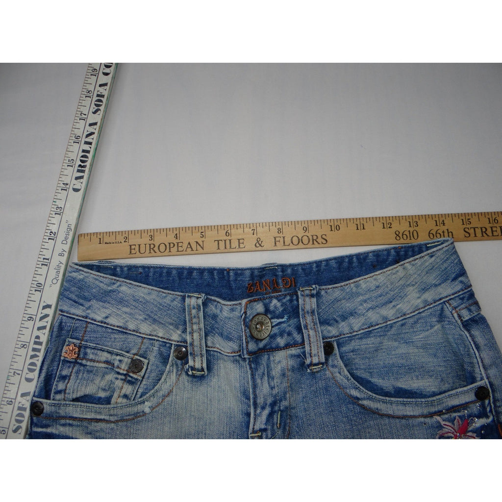 Y2K Vintage ZANADI Denim Shorts Distressed Floral Embroidered Cuffed Blue Sz 9