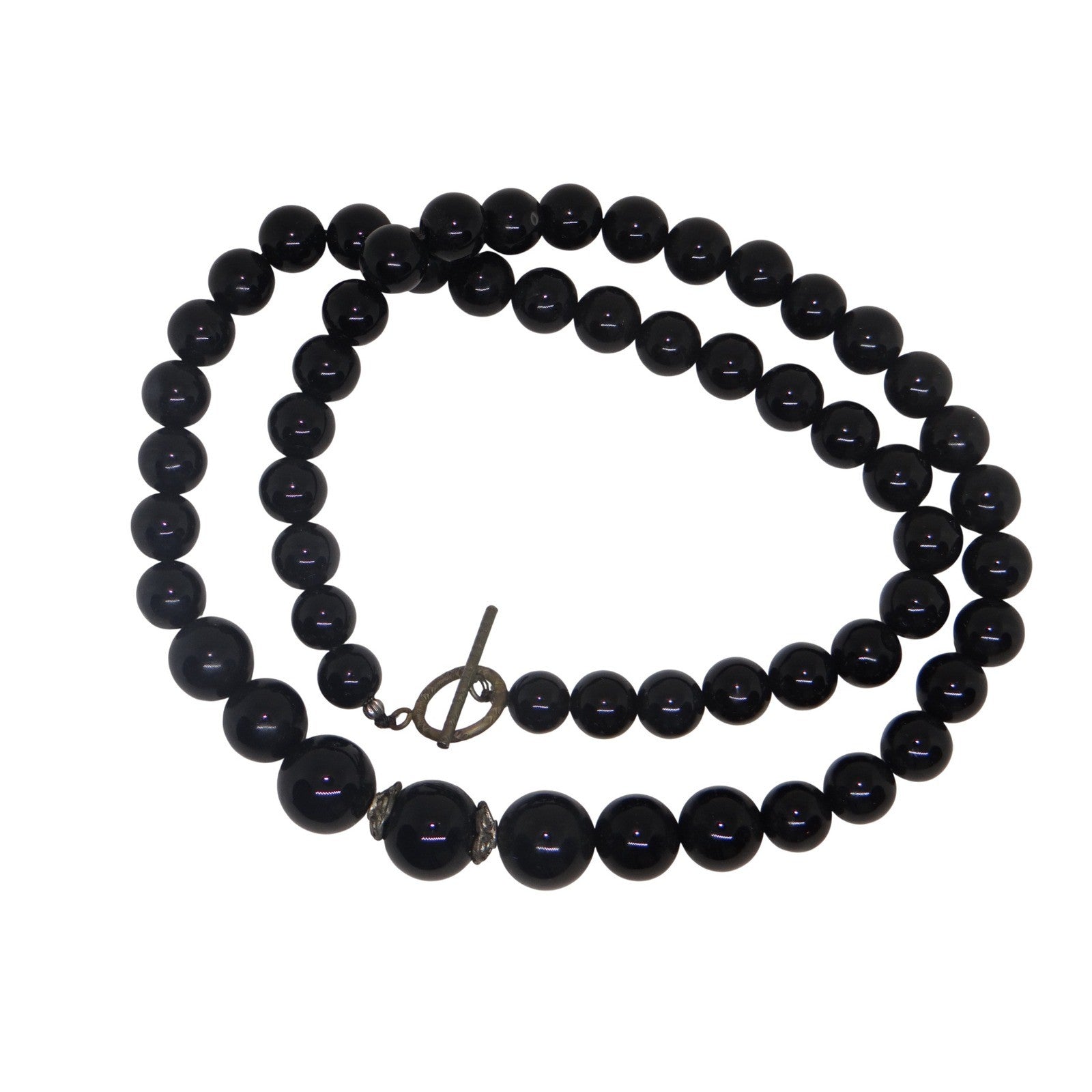 Vintage Elegant Black Beaded Statement Necklace Toggle Clasp Estate Jewelry