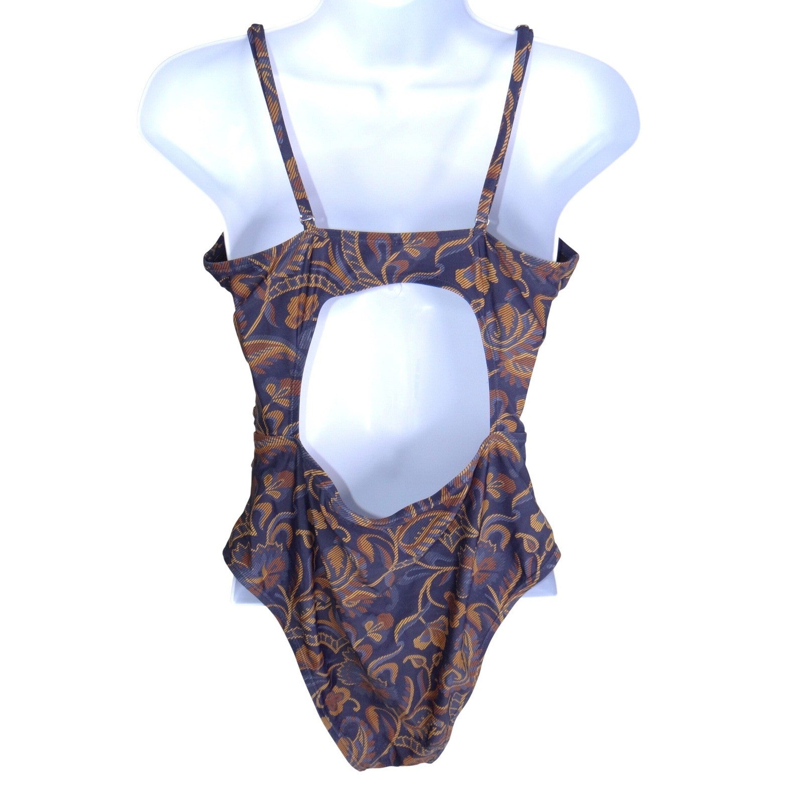 Womens Blue Gold Floral Paisley Ruched One Piece Swimsuit Open Back Keyhole L