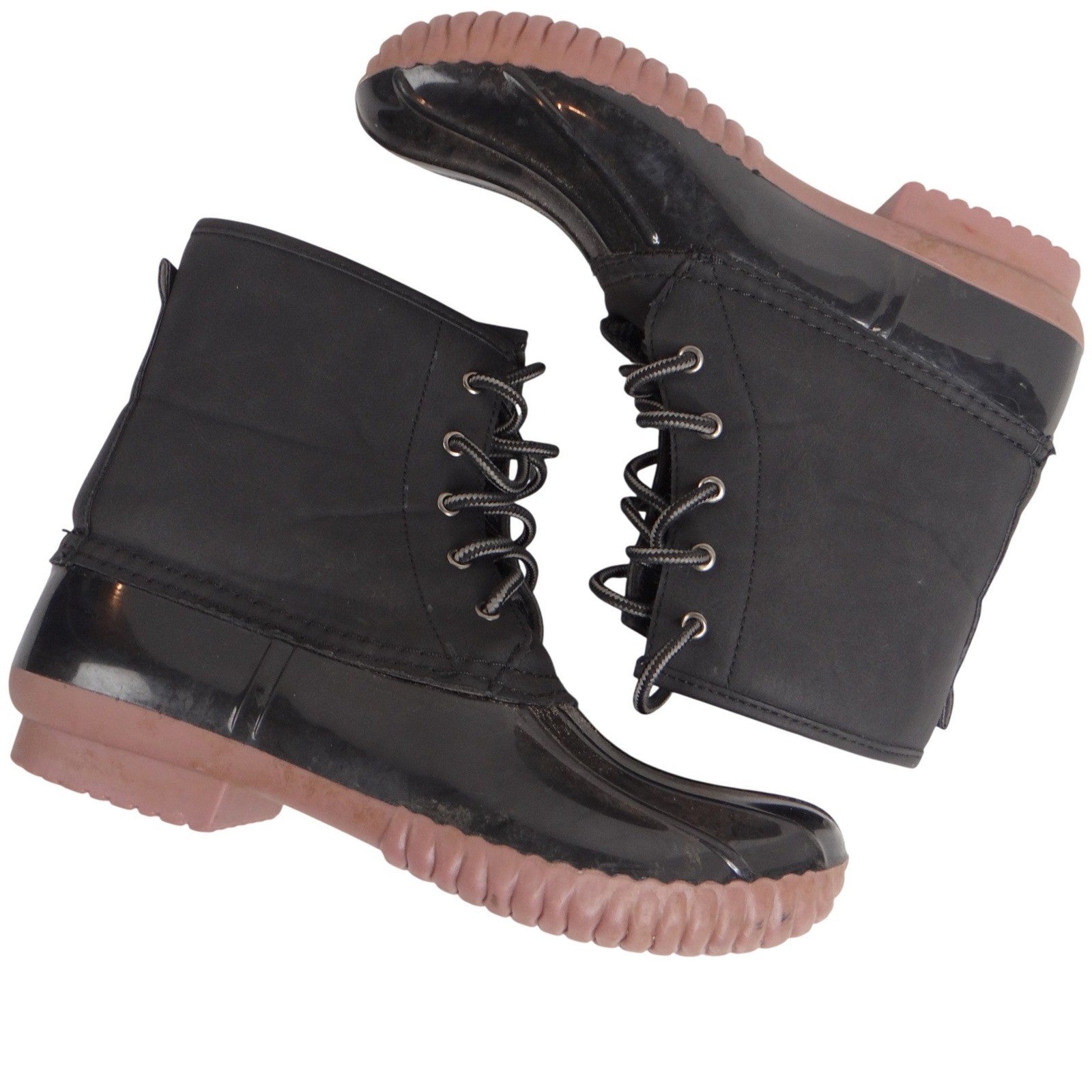 Charlotte Russe Black Lace Up Duck Boots Waterproof Rubber Sole Plaid Lined
