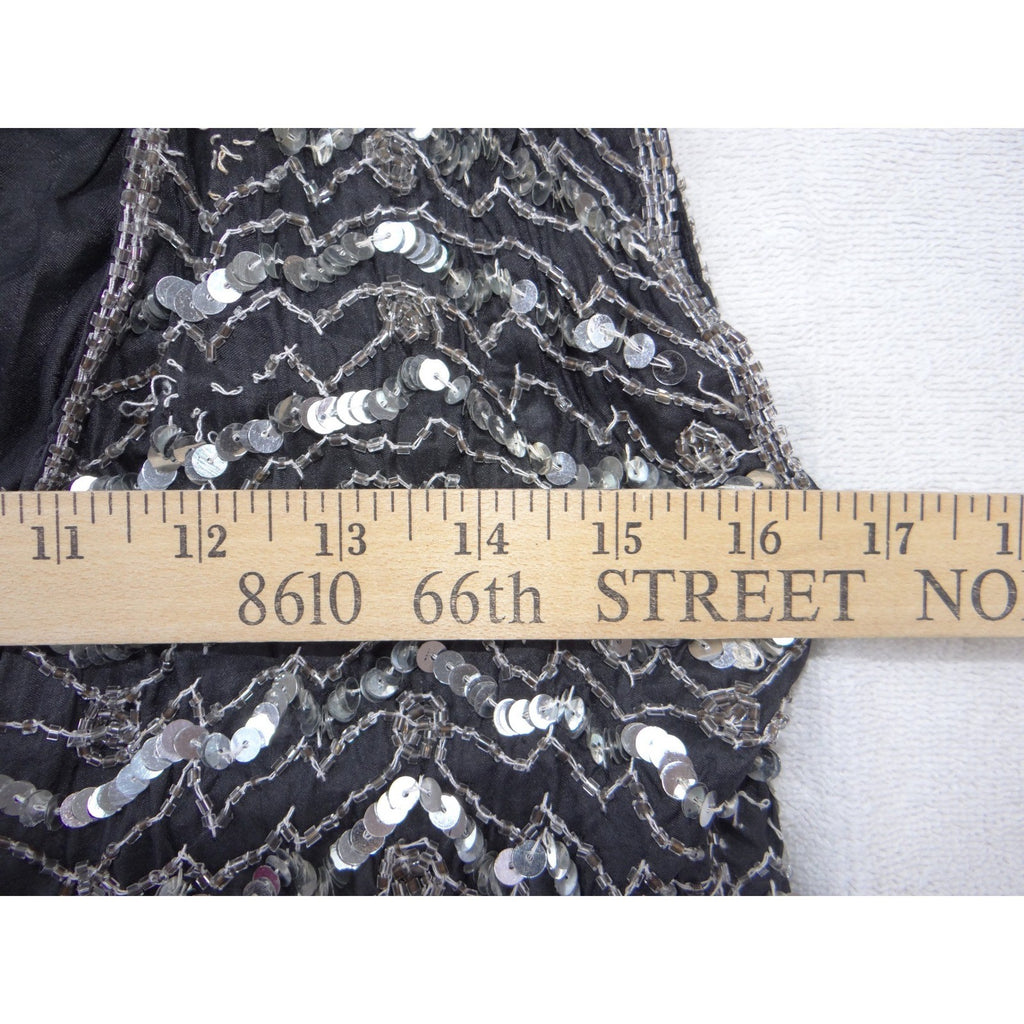 Vintage B'way Rose Vintage 100% Silk Beaded Sequin Vest Black Silver Chevron-ish