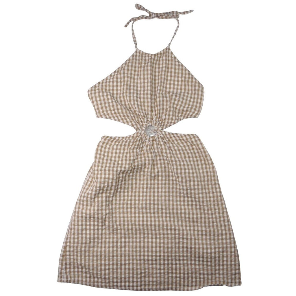 Tan White Gingham Halter Cutout Ring Detail Mini Dress