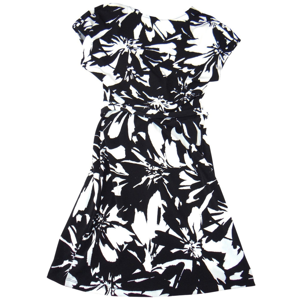 Nine West Womens Black White Floral Faux Wrap Dress V-Neck Short Sleeve Small