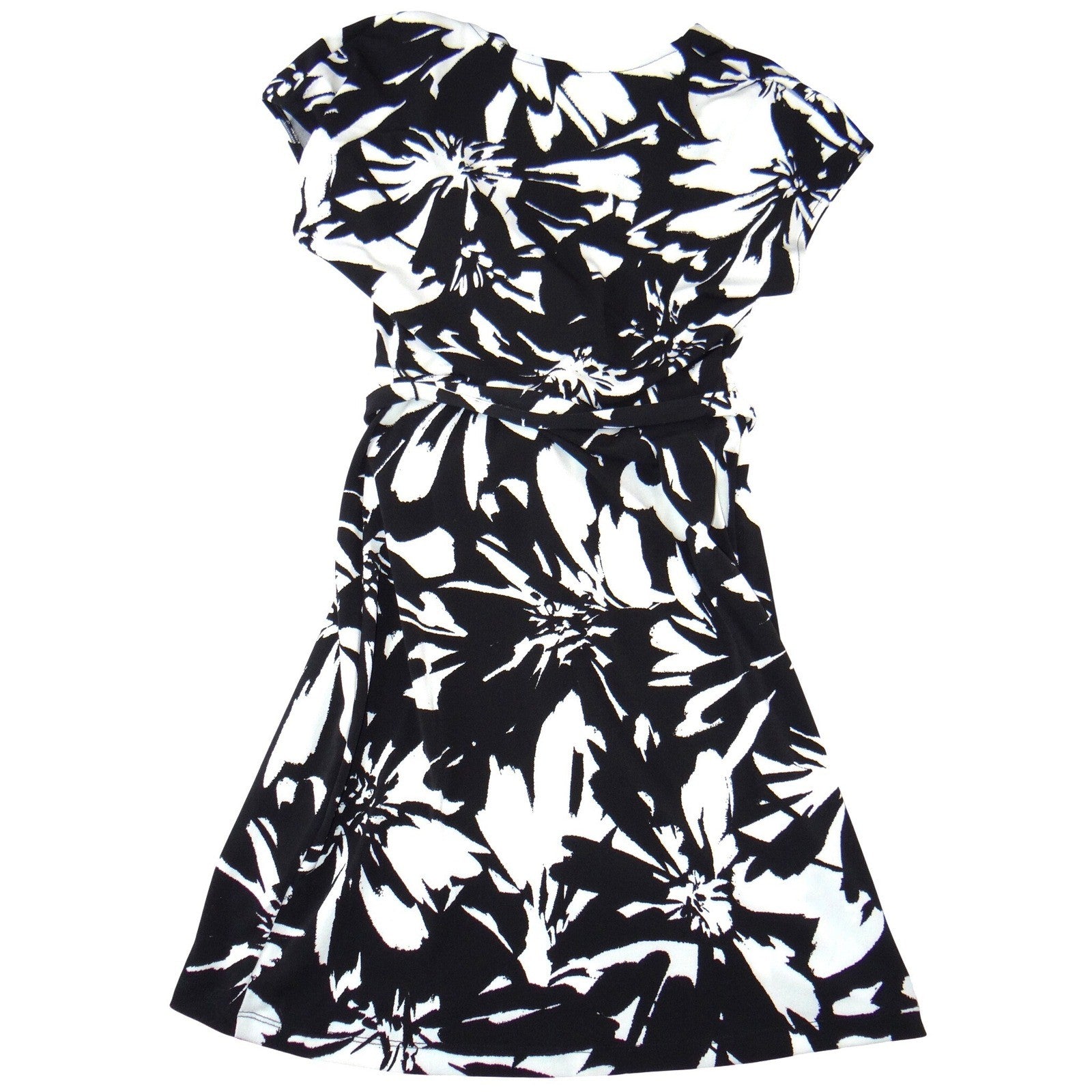 Nine West Womens Black White Floral Faux Wrap Dress V-Neck Short Sleeve Small