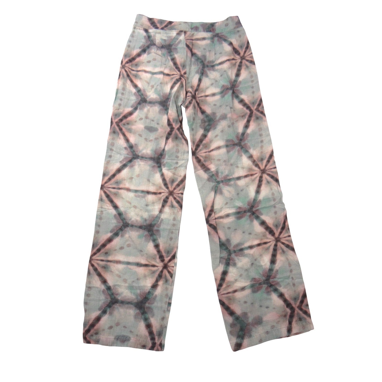 Pull&Bear Womens XS Geometric Tie Dye Wide Leg Pants Green Mauve High Rise Boho