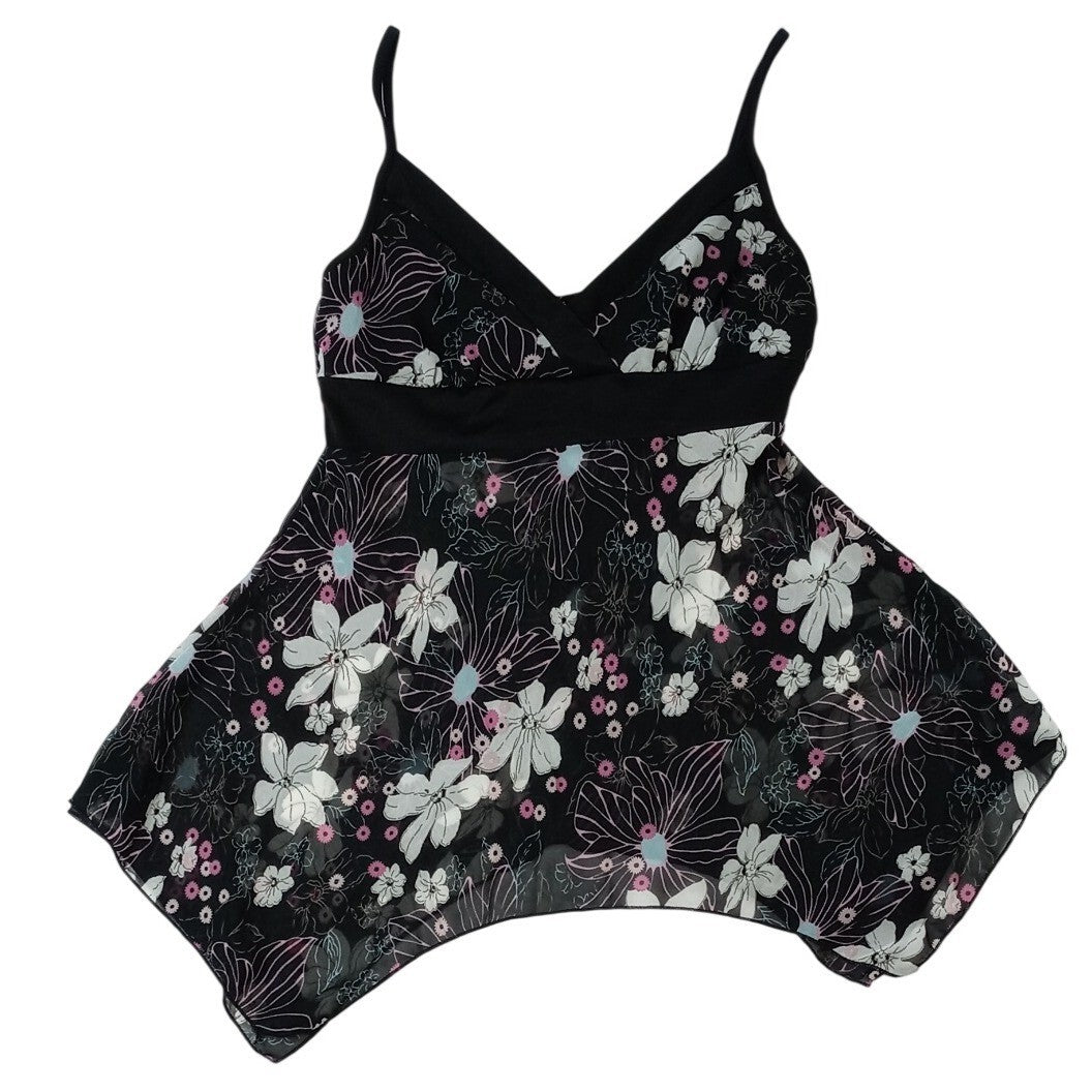 Y2k Black Floral Print Tank Flowy Handkerchief Hem Tank Top Women's Size Small