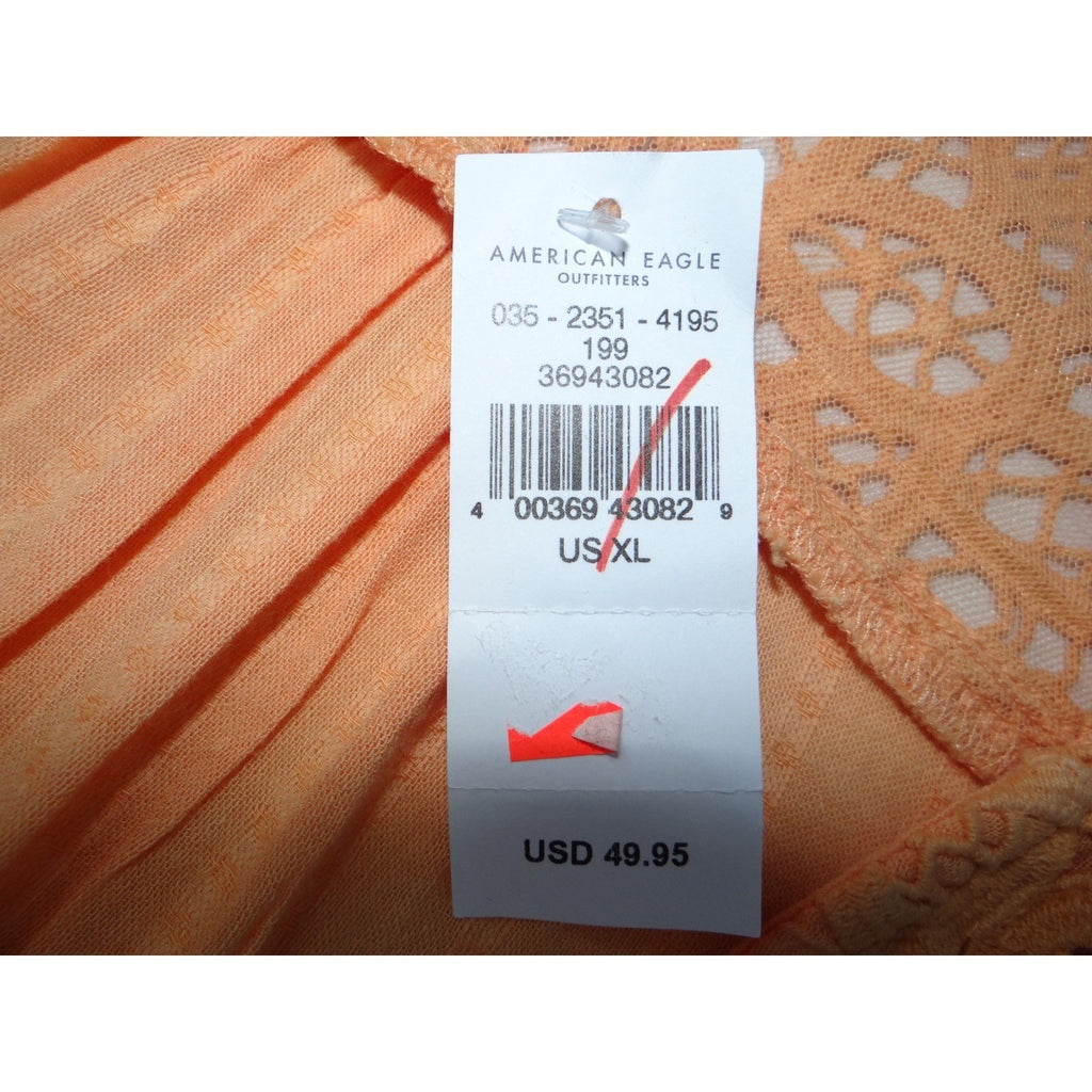 NWT-American Eagle Orange Lace Trim Tie Front Blouse Cropped Textured Size XL