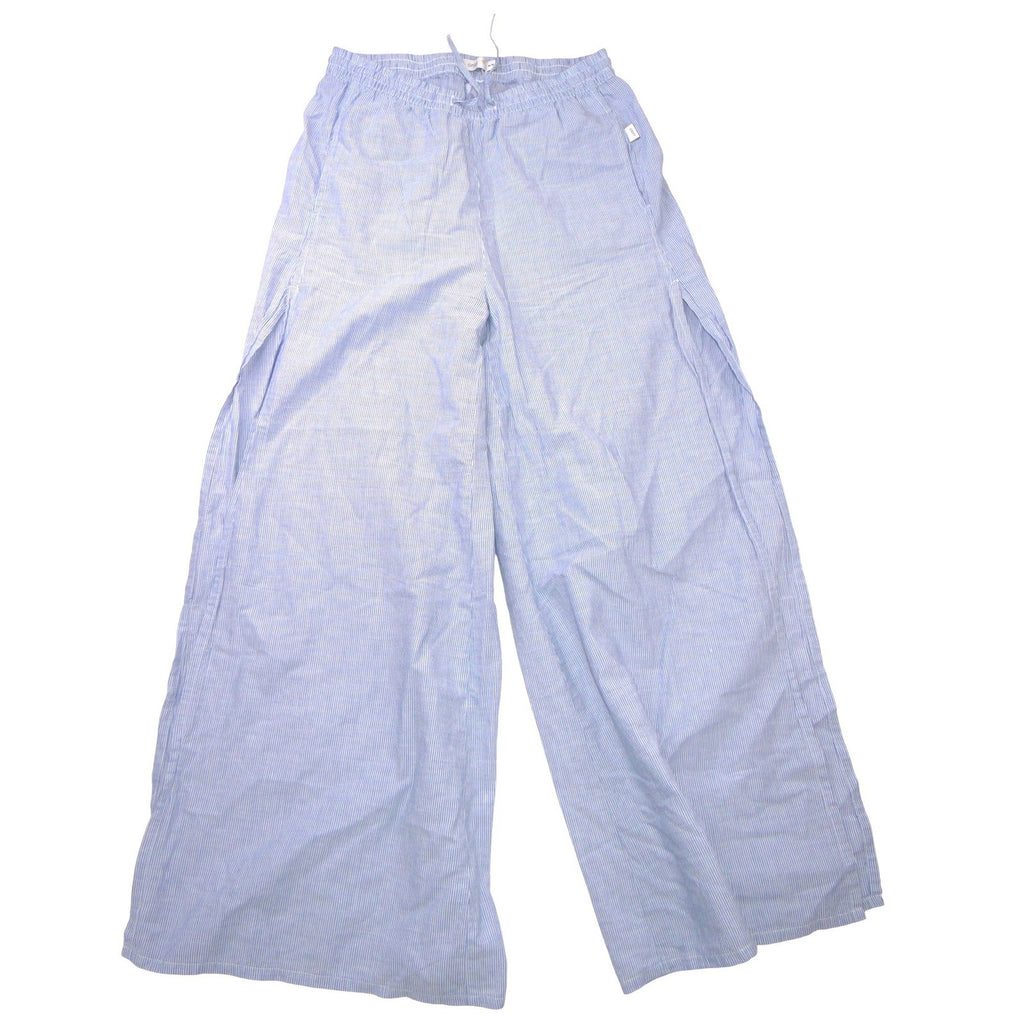 Onia Blue White Pinstripe Wide Leg Drawstring Pants Side Slit Womens Medium