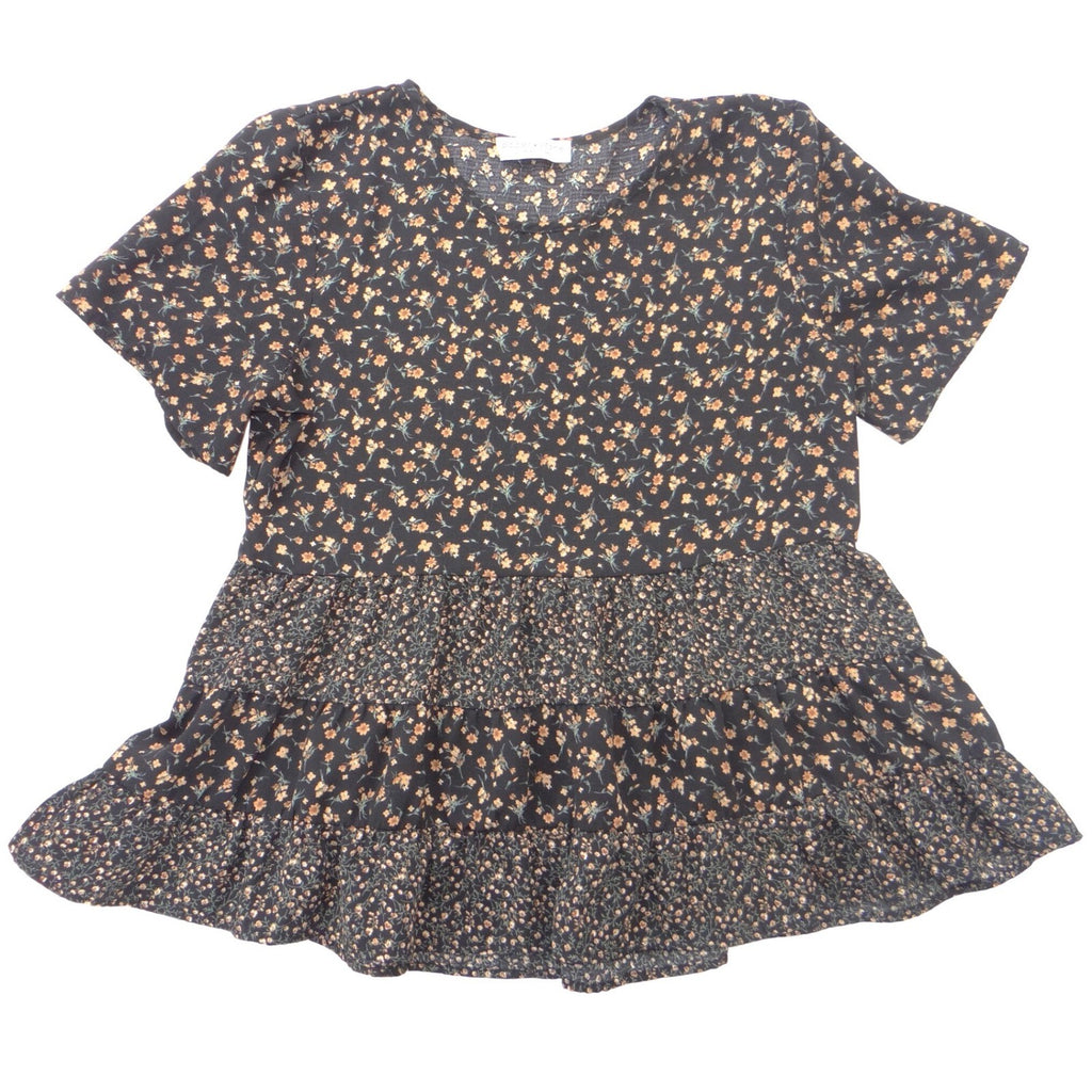 Paper Crane Womens Floral Tiered Babydoll Top Black Short Sleeve Small