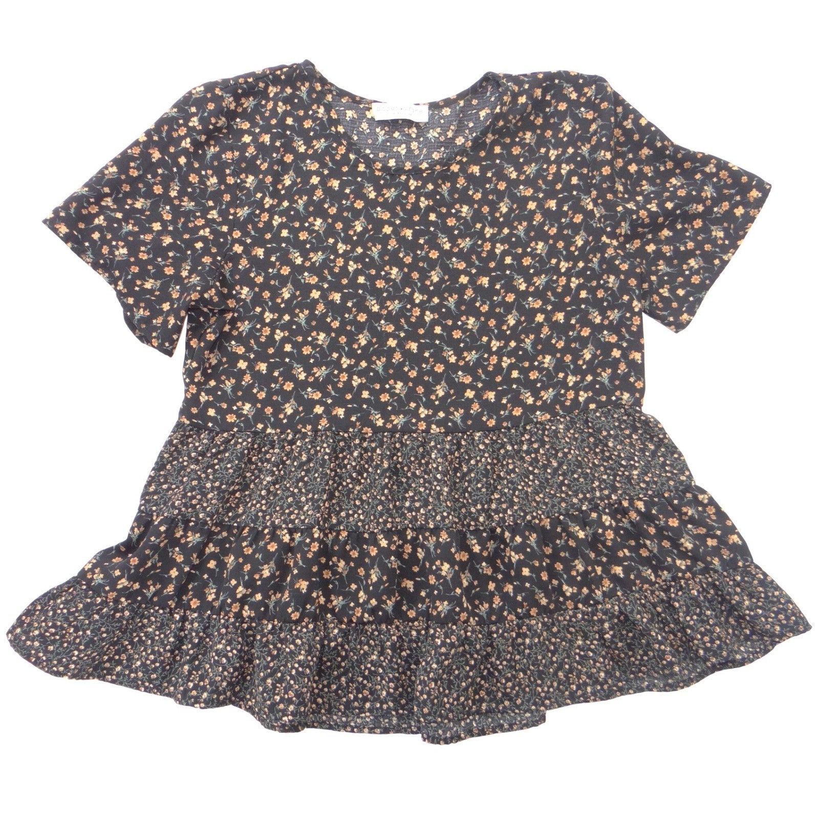 Paper Crane Womens Floral Tiered Babydoll Top Black Short Sleeve Small