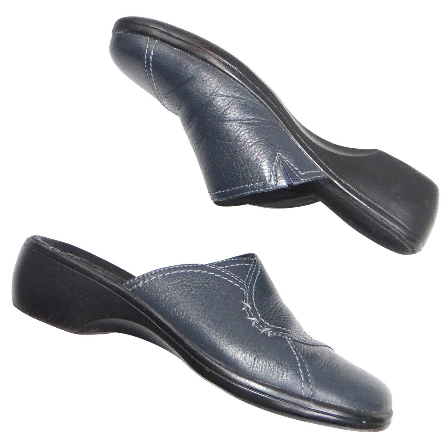 Clarks Womens Navy Leather Slip On Clogs Mules Shoes Size 7 M Style 846 16