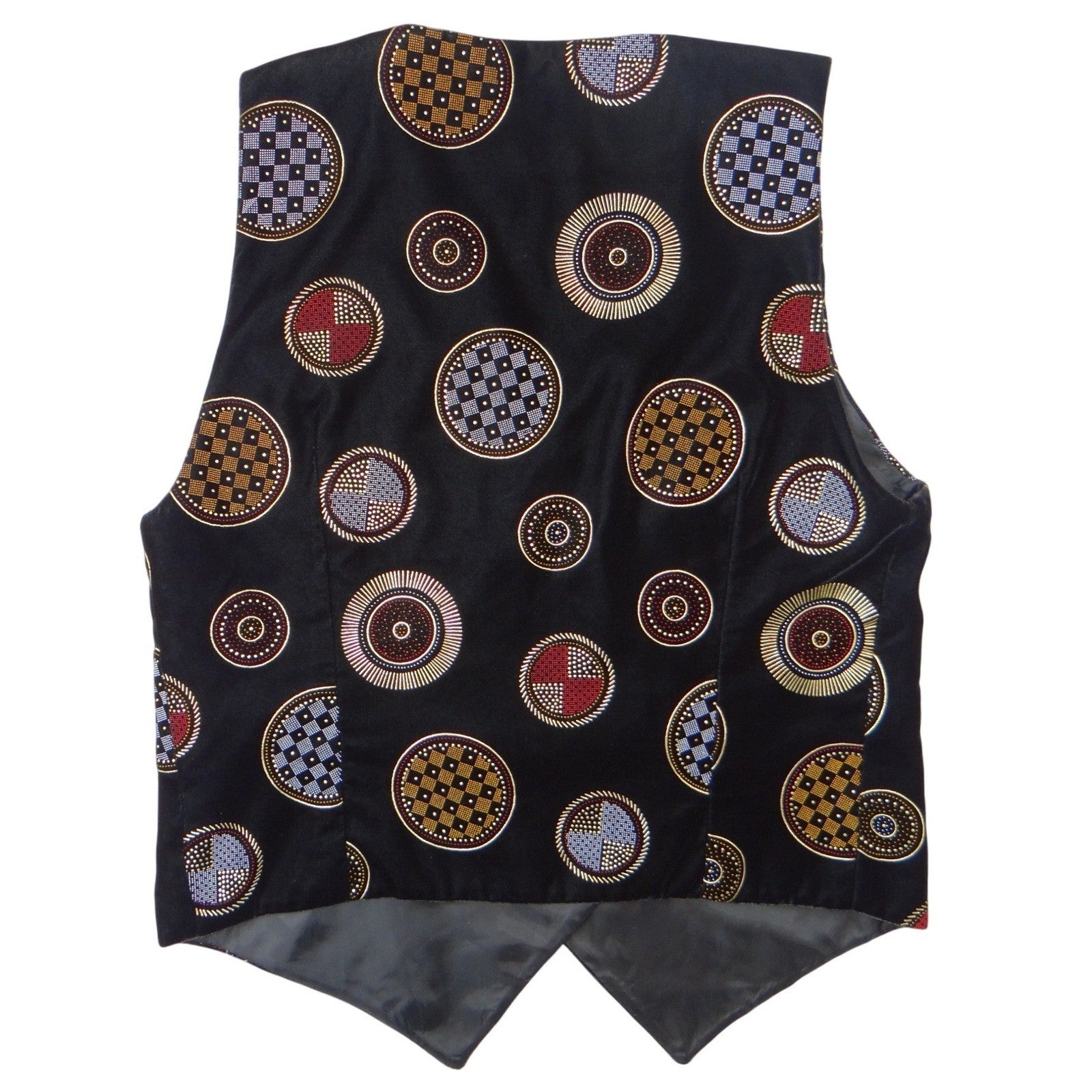 Stunning Vintage Black Velvet Geometric Print Vest with Red Gem Buttons