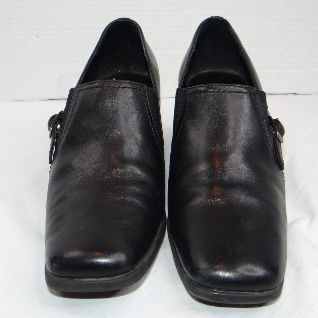 Liz Baker Black Leather Ankle Booties Block Heel Buckle Slip On Women 7.5 M B