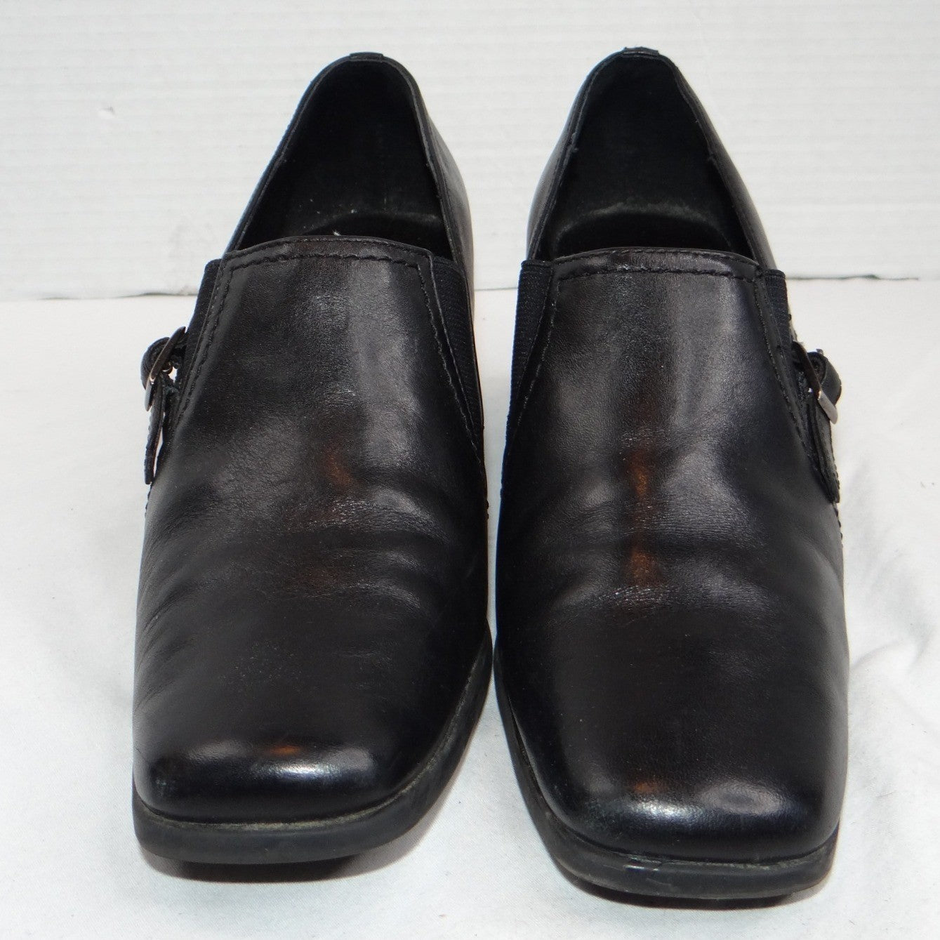 Liz Baker Black Leather Ankle Booties Block Heel Buckle Slip On Women 7.5 M B