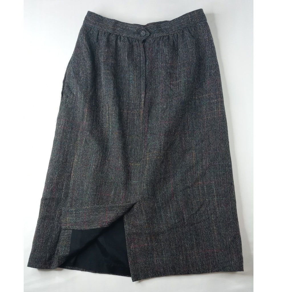 VTG Womens Plaid Tweed Maxi Skirt Dark Multi Color Classic Tailored Knee Length