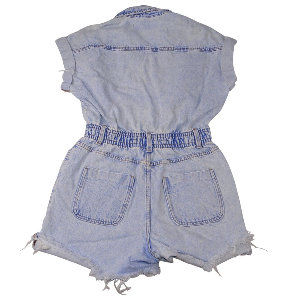 ZARA Acid Wash Denim Collared Button Front Elastic Waist Shortall Romper Size S