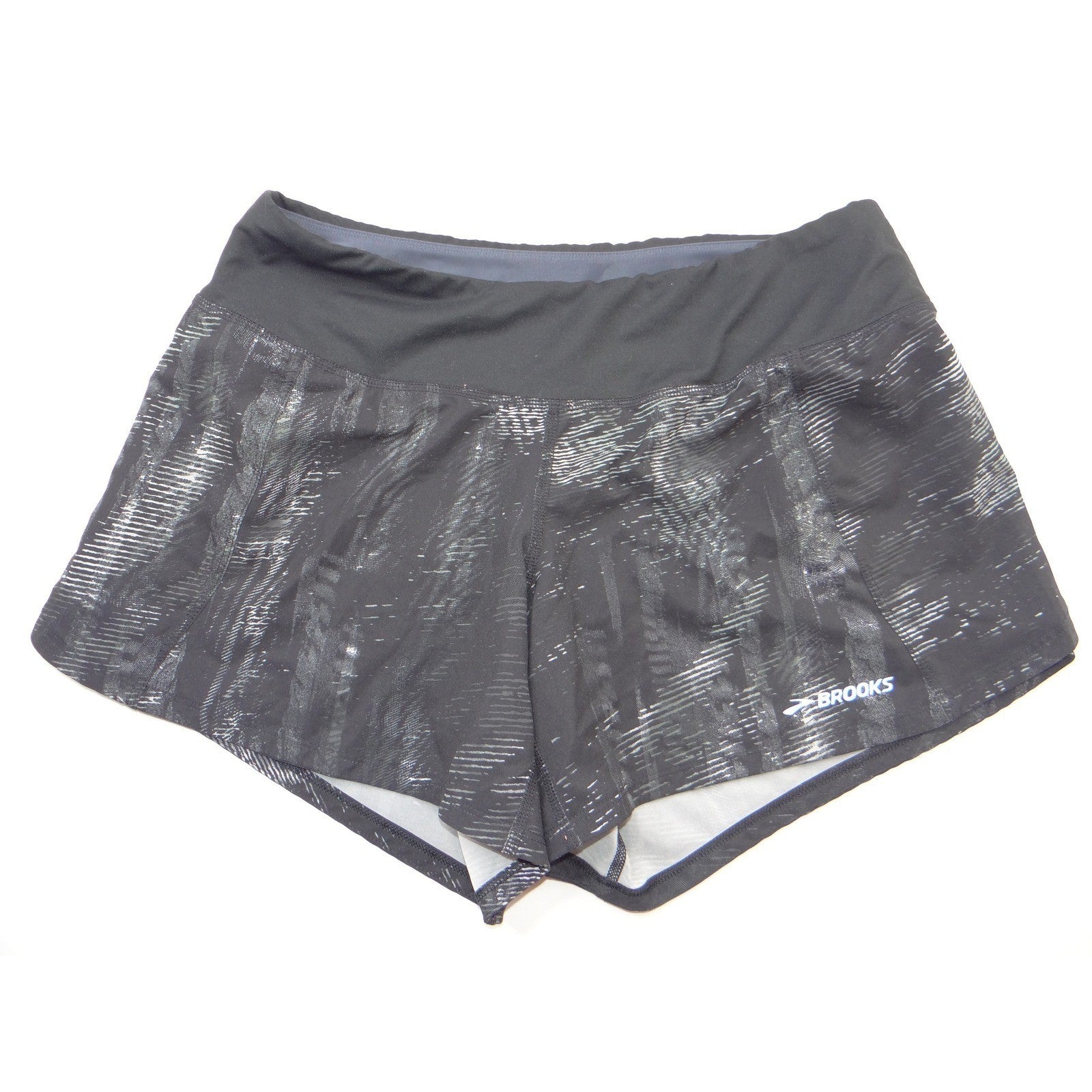 Brooks Womens Running Shorts Black Grey Abstract Streak Pattern Reflective Logo