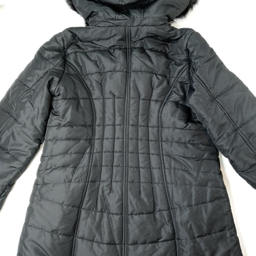 NWT Vintage Womens Black Quilted Long Coat Removable Hood Faux Fur Trim Medium
