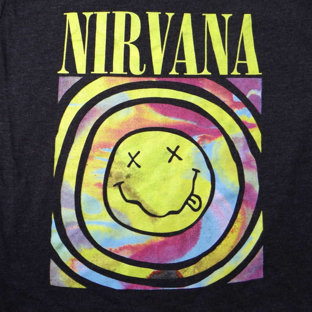 Nirvana Smiley Face Tie Dye Graphic T Shirt Charcoal Gray Women's Small
