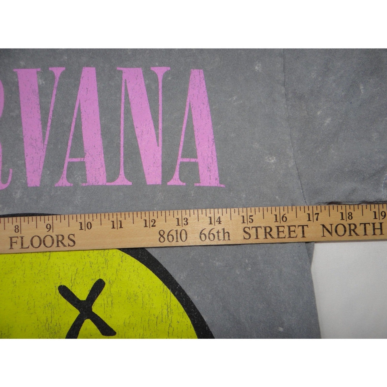 Nirvana Smiley Face T-Shirt Gray Acid Wash Graphic Tee Size S
