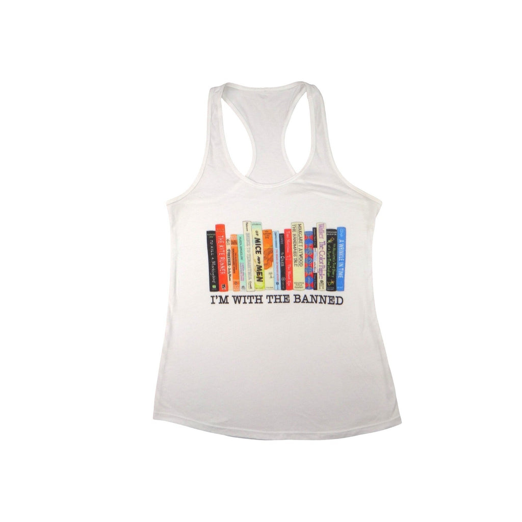 Womens White Tank Top I Am With The Banned Books Graphic Racerback