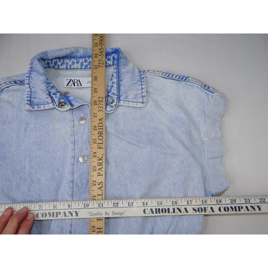 ZARA Acid Wash Denim Collared Button Front Elastic Waist Shortall Romper Size S