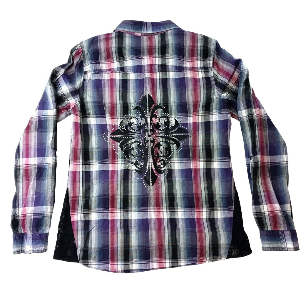 Y2K Maurice's Plaid Shirt Rhinestone Embellished Lace Western Style Women's Med
