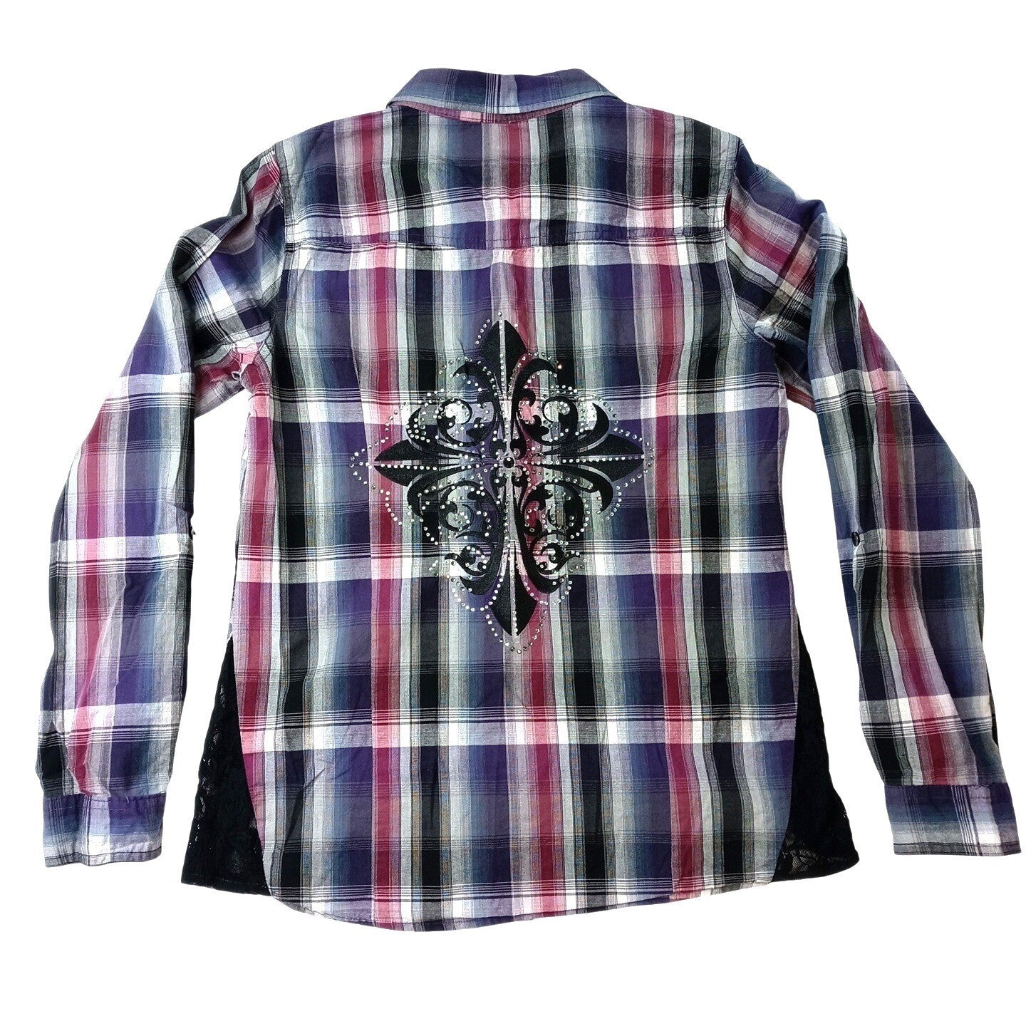 Y2K Maurice's Plaid Shirt Rhinestone Embellished Lace Western Style Women's Med