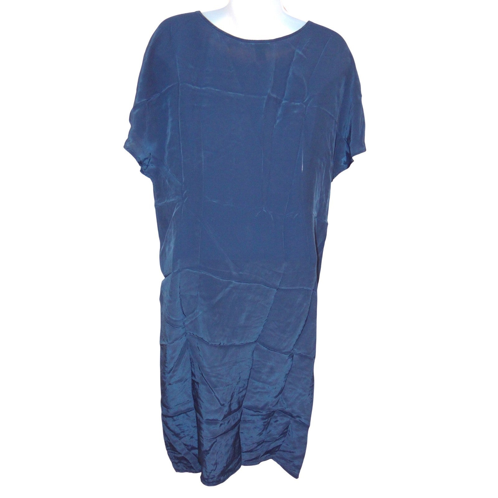 Teal Blue Satin Lace Inset Shift Dress Short Sleeve Knee Length Relaxed Fit