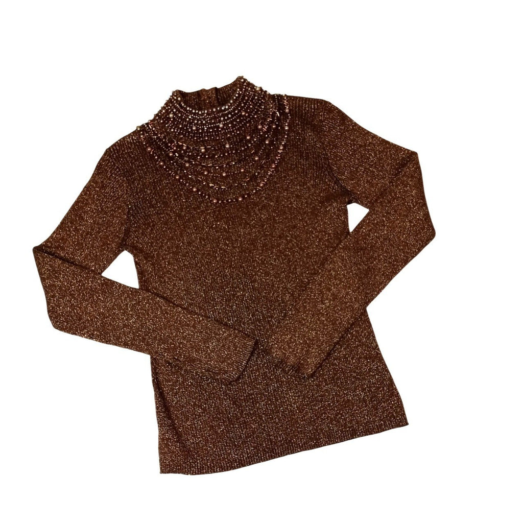 23rd Street Brown Metallic Beaded Mock Neck Long Sleeve Sweater Top Women's Med