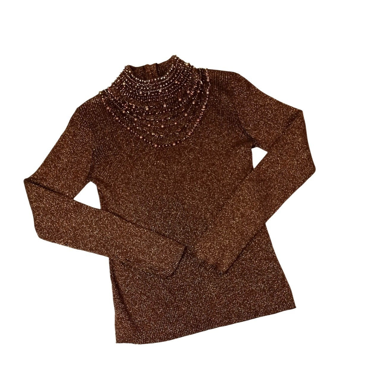 23rd Street Brown Metallic Beaded Mock Neck Long Sleeve Sweater Top Women's Med