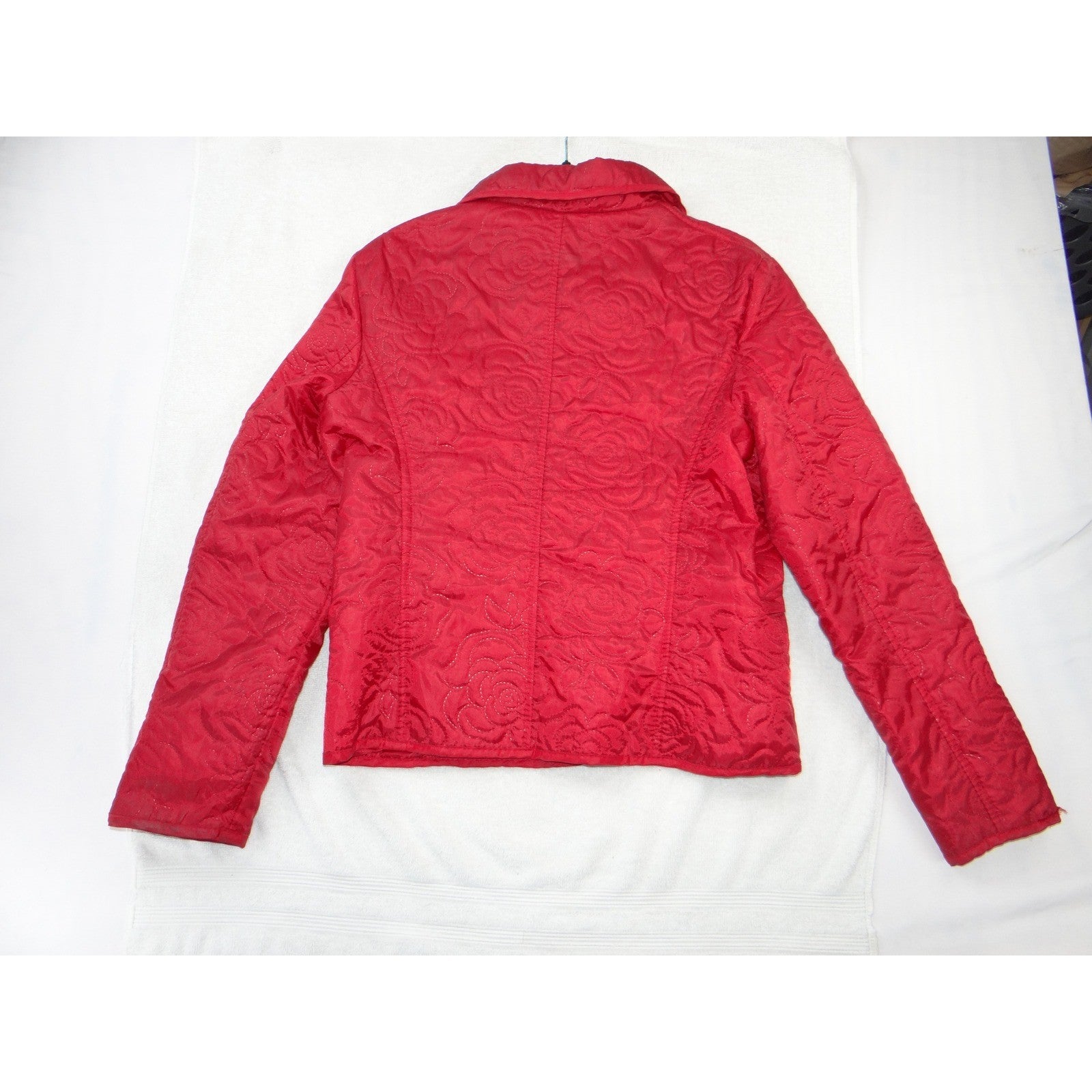 Vintage JG Hook Red Quilted Floral Rose Snap Front Jacket Womens Size Medium