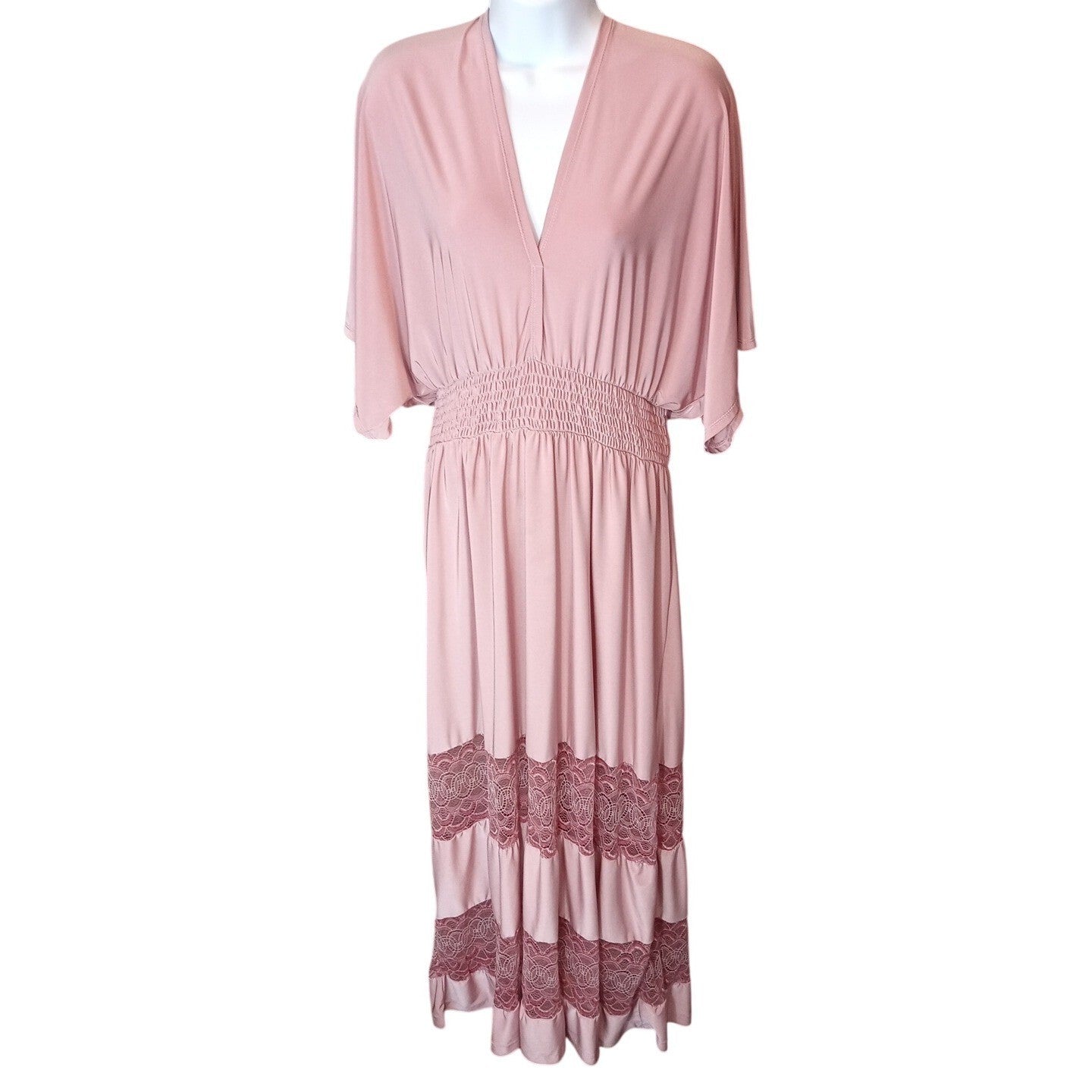 Vintage Pink Maxi Dress Butterfly Sleeves Smocked Waist Lace Trim Boho Flowy
