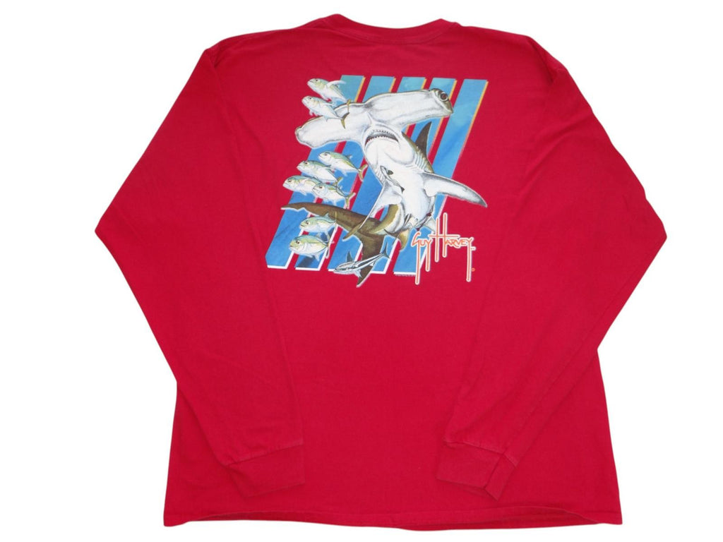 Guy Harvey Red Long Sleeve T-Shirt with Hammerhead Shark Graphic