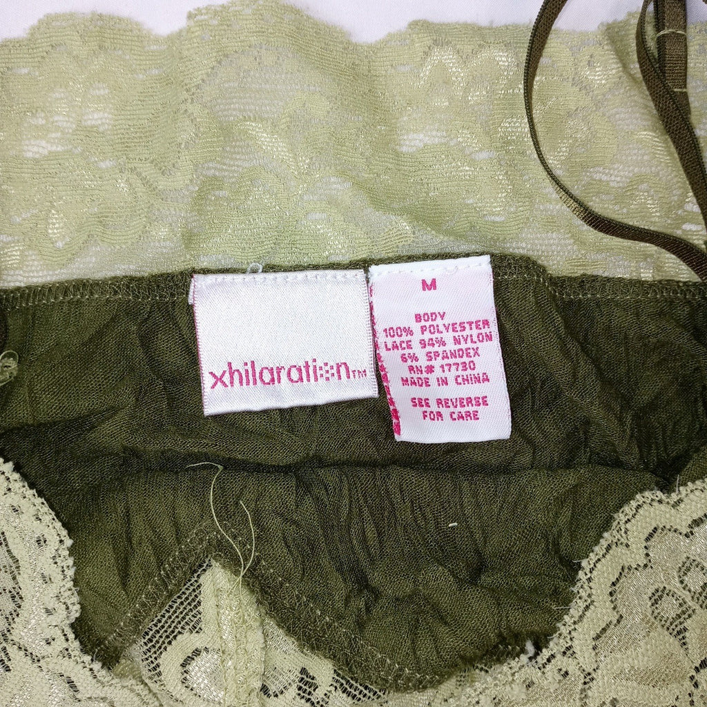 Y2K Xhilaration Olive Green Lace Trim Crinkle Camisole Top Women's Size M