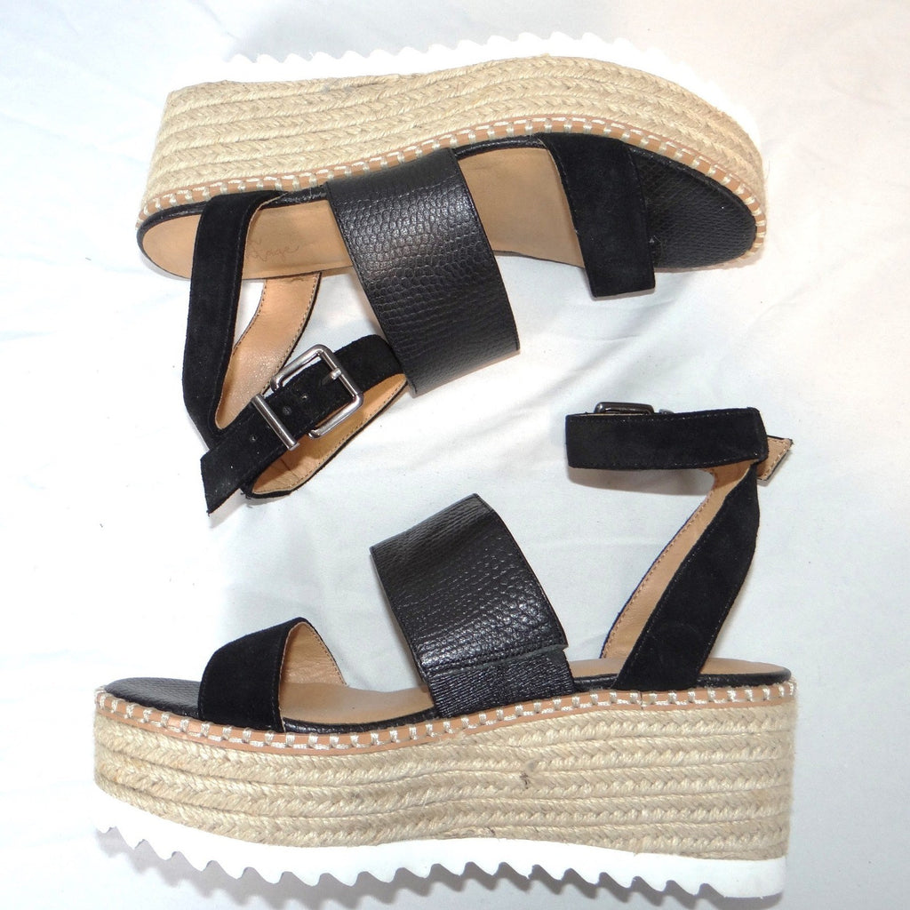Crown Vintage Daylen Black Leather Espadrille Platform Wedge Sandals Womens 7.5