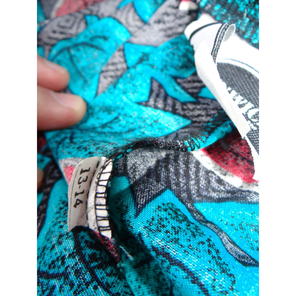 Vintage Greenwich Square Teal Red Leaf Print Midi Skirt Size 13-14 Elastic Waist