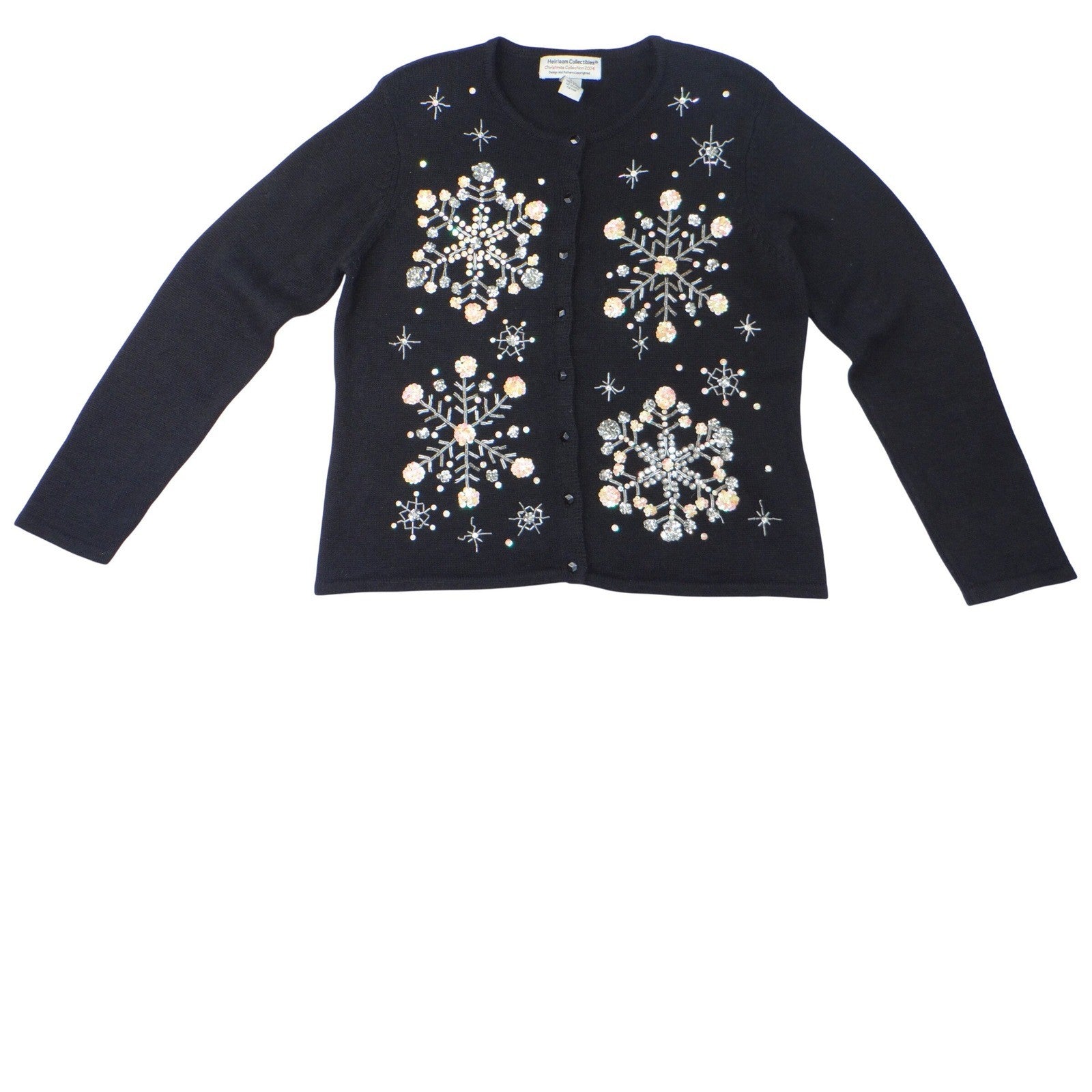 Vintage Heirloom Collectibles Sweater Cardigan Snowflake Beaded Sequin Black M