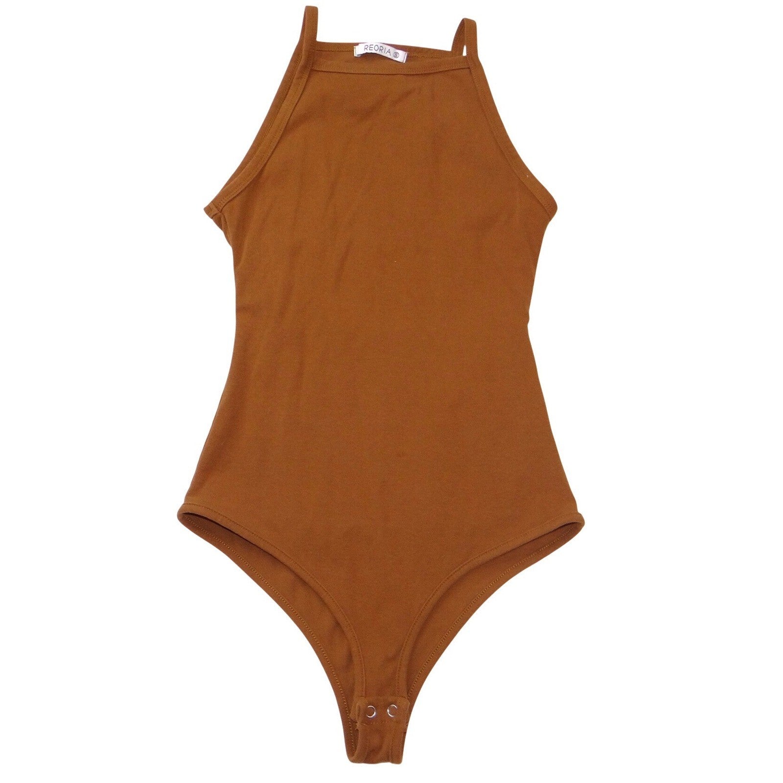 REORIA Brown High Neck Halter Ribbed Thong Bodysuit Small Sleeveless Snap Gusset